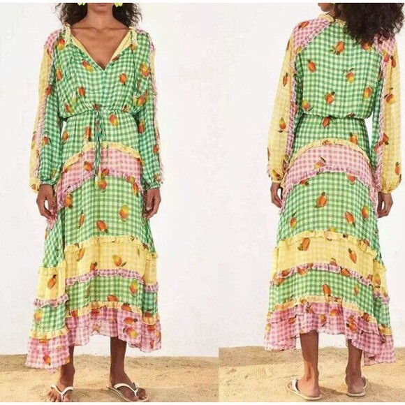 Farm Rio Mixed Picnic Ruffle Trim Maxi Dress Size Medium New With Tags - Picture 1 of 6